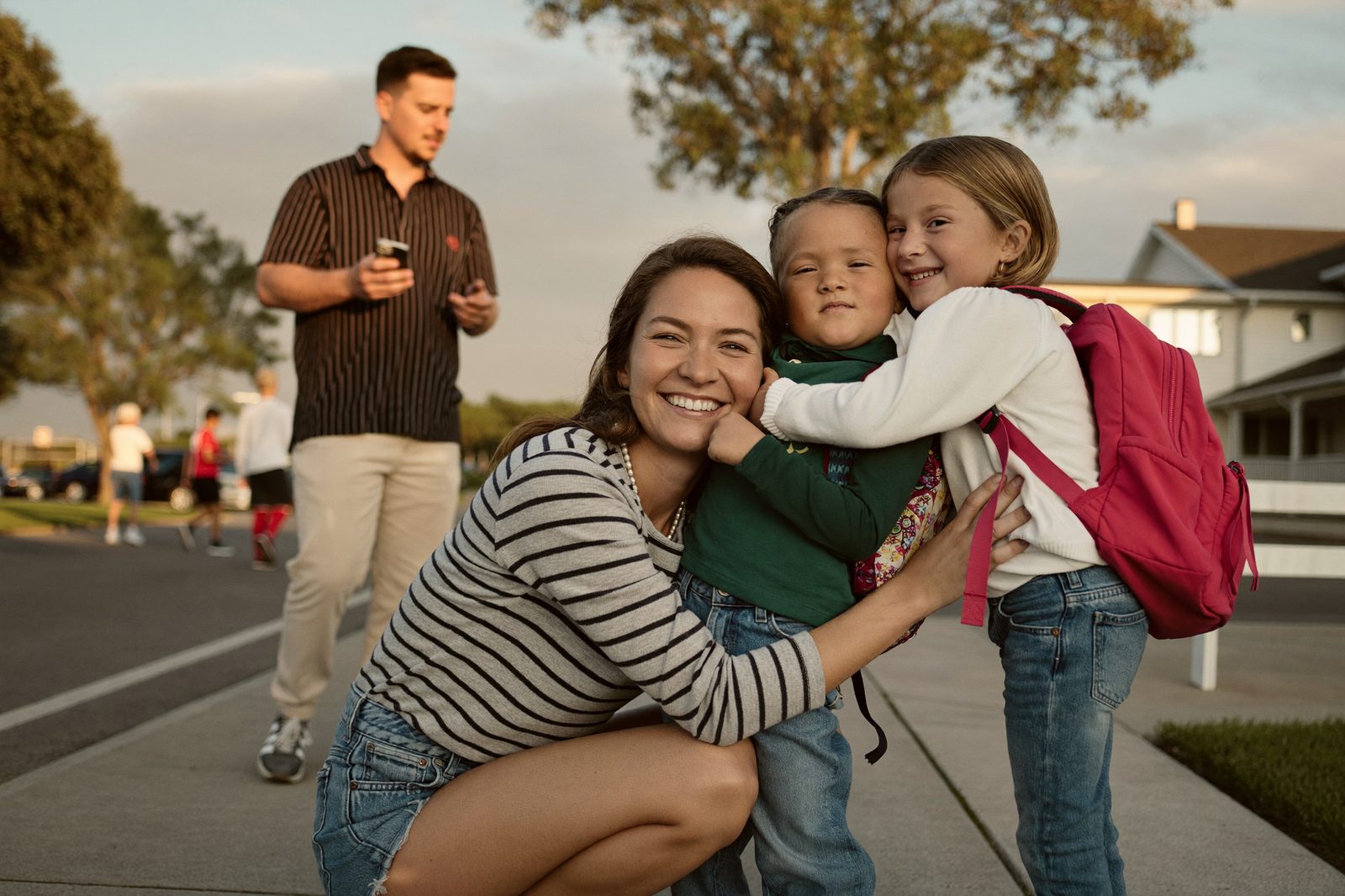 A mother hugging her two children at school pickup while the father walks toward them